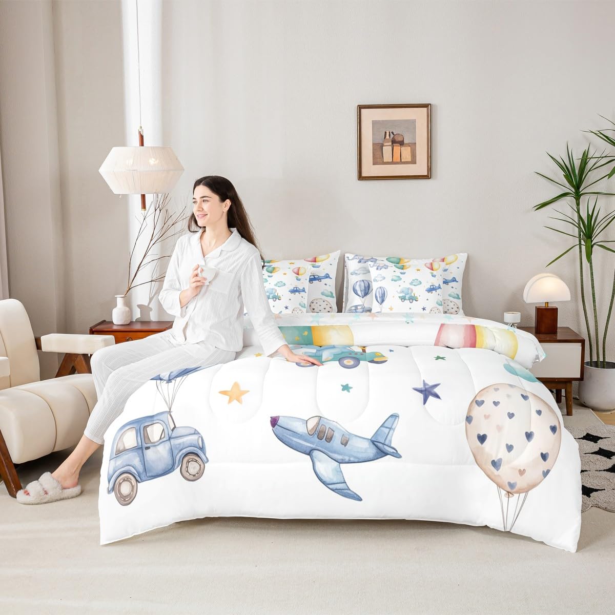 Erosebridal Colorful Hot Air Balloon Twin 7 Pcs Bedding Set, Cute Airplane Aircraft Comforter Set with Sheets for Boys Kids Adults Girls, Cartoon Car Lovely Heart Bed in A Bag, Star Print Bed Sets