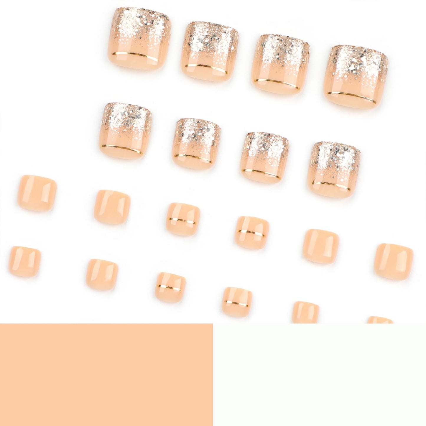 24 Pcs Nude Press on Toenails Square Toe Press on Nails Short Fake Nails French Gel X Nail Tips Gold Glitter Design Full Cover Acrylic Toe Nail Press ons with Nail File Stick Jelly Glue on Nails Kit