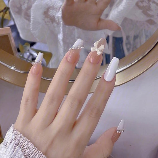 Hrnsnails Long Press On Nails Coffin White Fake Nails with Rhinestones and Bow Charm Nail Press Ons Design, Artificial False Nails Press On Nail Kit Stick On Nails for Women