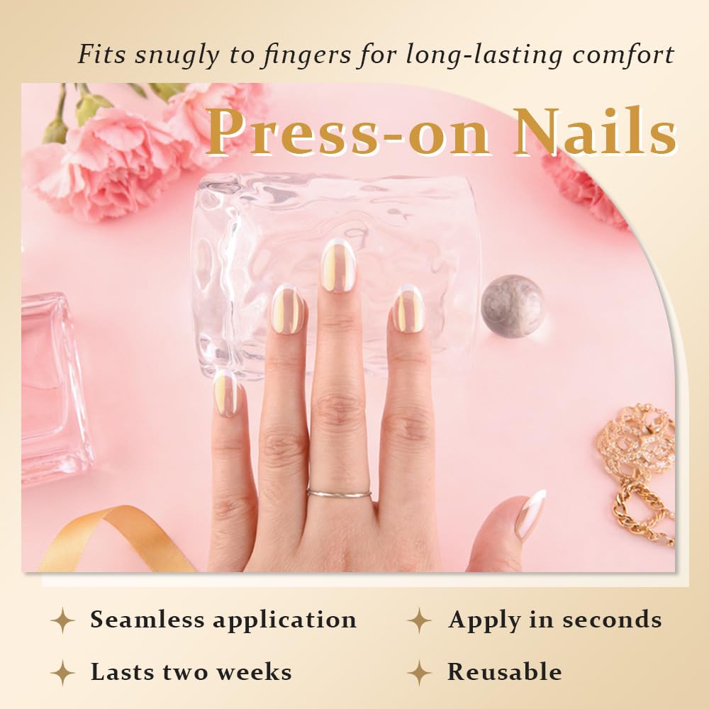 evpct French Tip Press On Nails Short Round Oval No Glue, Nude White Tips, Chrome Glazed Short Round Oval Fake False Press on Nails, Reusable Soft Stick on nail Press ons with Nail Kit, Salon-quality