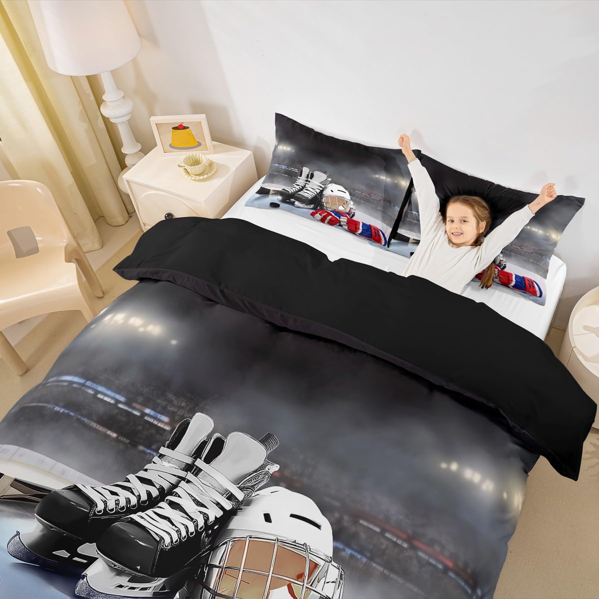 Erosebridal Ice Hockey Bedding Set Full Hockey Player Duvet Cover for Kids Boys Girls Teens Juvenile Sports Game Comforter Cover Set Soft Microfiber Winter Sports Bedroom Decorative, Zipper