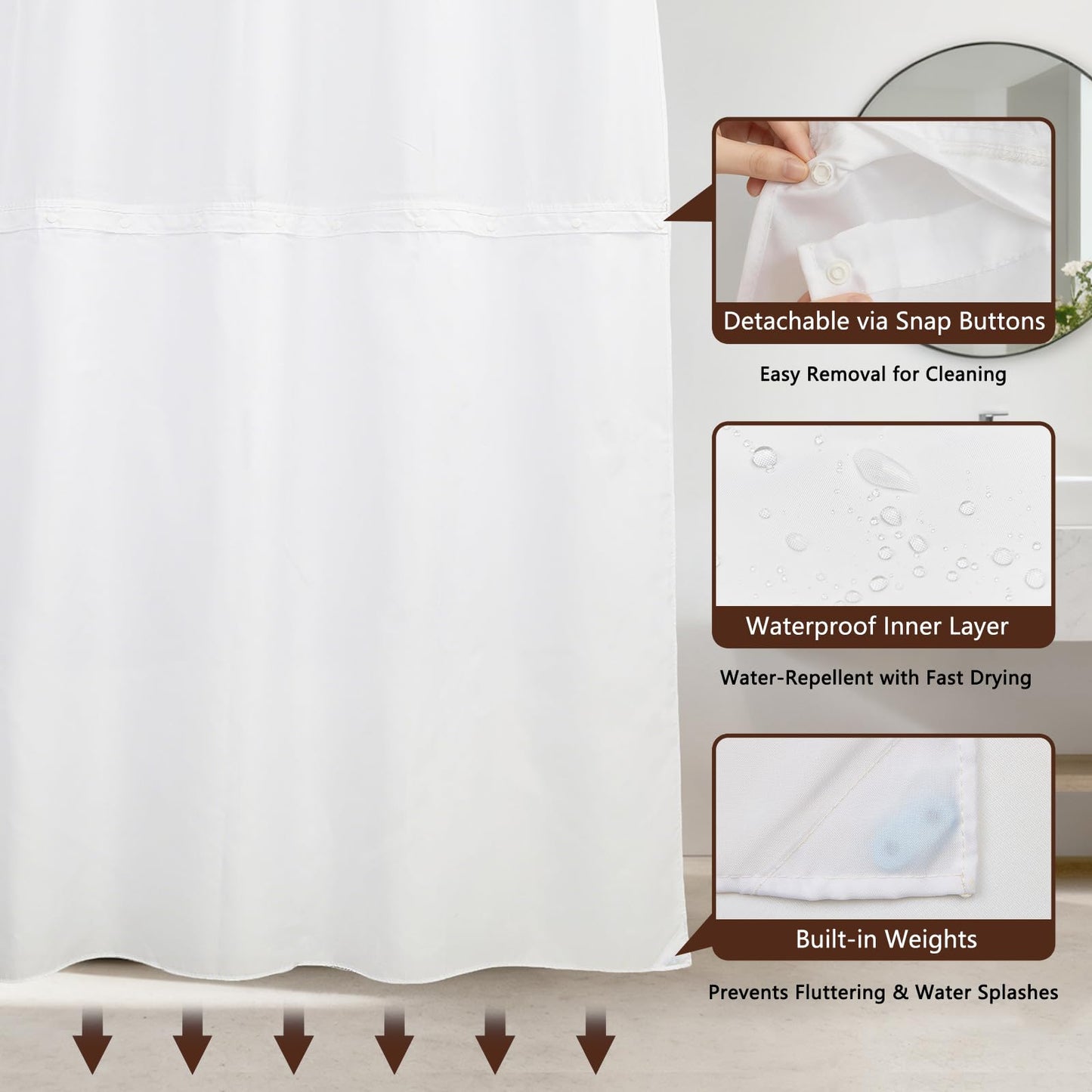 NAEMBCU No Hook Shower Curtain for Kids with Snap-in Liner 71x74 Inch