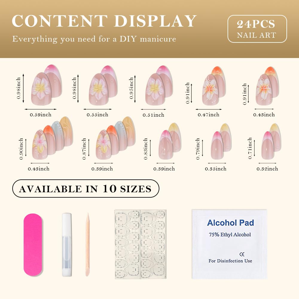 Nude French Press on Fake Nails Medium Short Oval with 3D Flower Design, False Summer Nail Reusable Press ons Artificial Manicure for Women Girls, Perfect Fit Stick on Nail Glossy Finish, 24Pcs