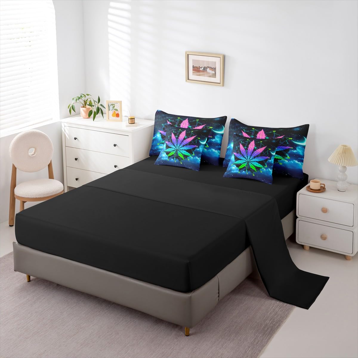 Erosebridal Leaves Twin Comforter Set 7 Pieces, Bohemian Mandala Bed in A Bag, Leaf Bedding Set with Comforters, Sheets, Pillowcases Galaxy Starry Sky Bedroom Decor