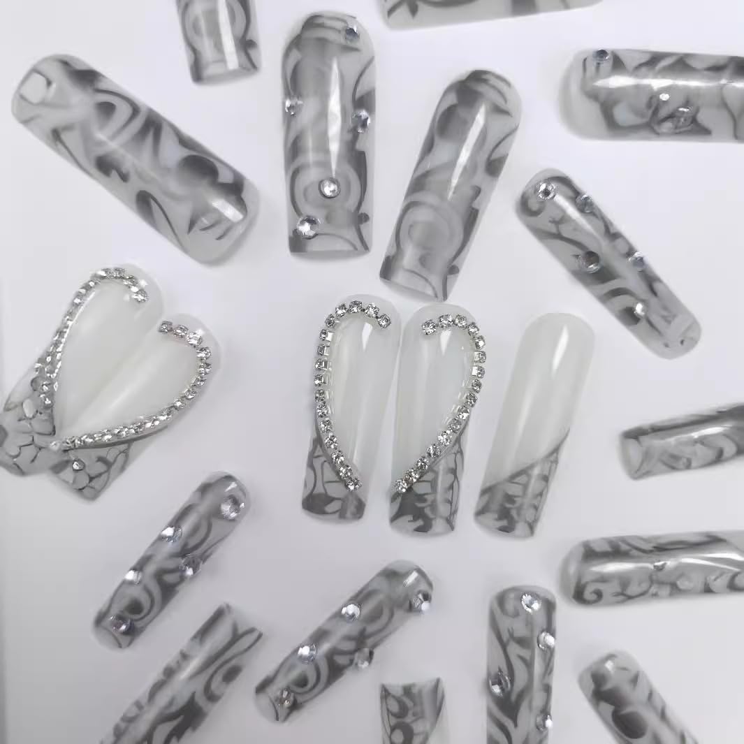 Long Press on Nails Square - Silver French Tip Fake Nails with Heart Design - Rhinestone, Elegant Full Cover Stick on False Nails - for Women 24 Pcs