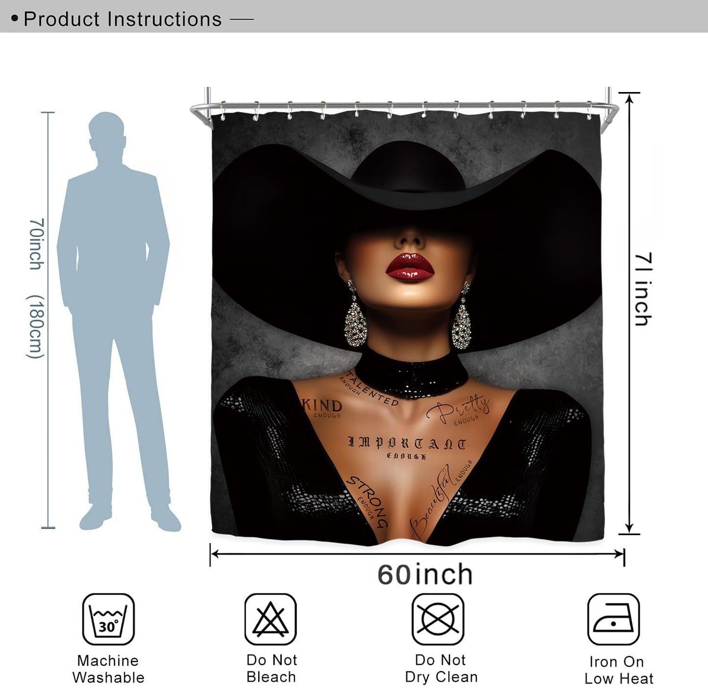 Miyotaa African American Elegant Shower Curtain Set 60Wx71H Inches Lady Inspirational Positive Quotes Motivational Polyester Waterproof Cloth Bathroom Curtain with 12 Hooks