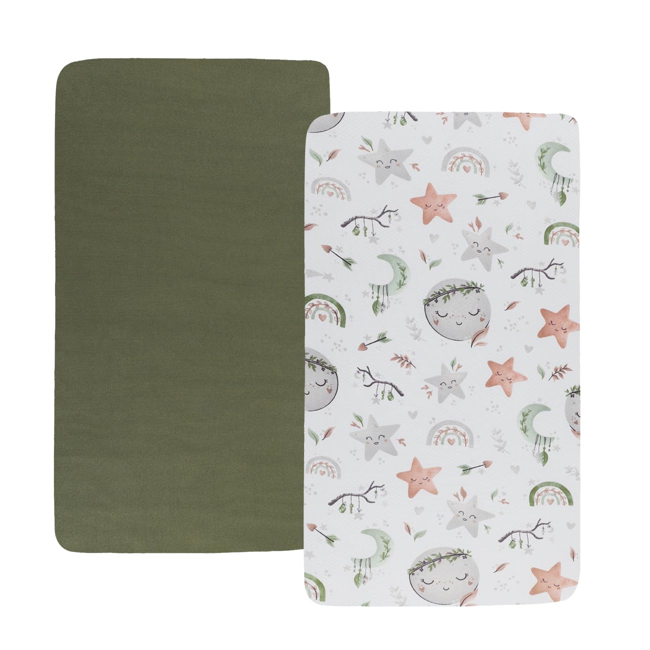Tontukatu Stretchy Fitted Crib Sheets Set 2 Pack Portable Crib Mattress Topper for Baby Girl Boy,Ultra Soft Jersey Material, Light Green & Moon