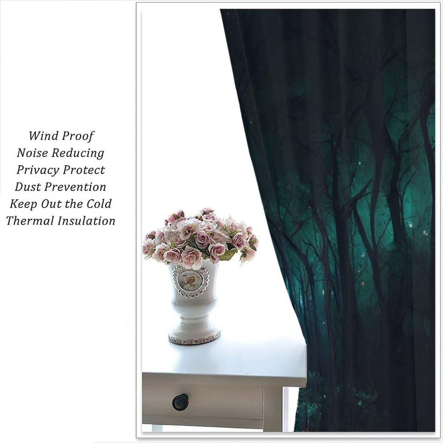 SHElifestyle Gothic Forest Curtains, Darkness Spooky Window Treatments, Creepy Horror Dark Tree Halloween Fireflies Window Drapes for Bedroom Living Room Kitchen W42 X L45