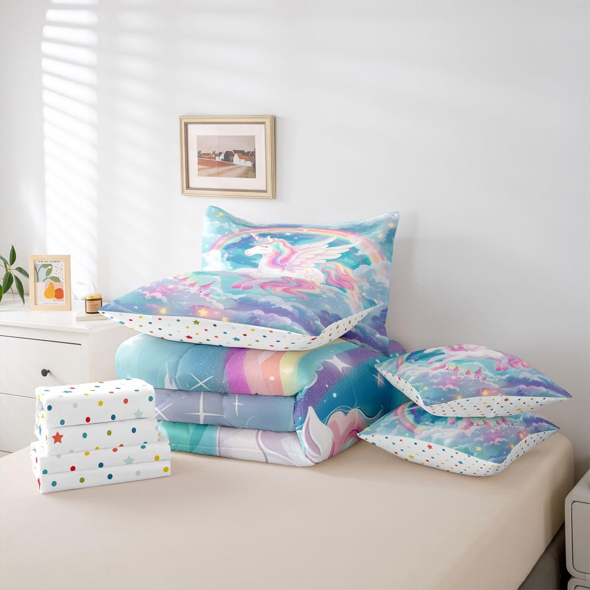 Feelyou Pink Unicorn Twin Comforter Set with Sheets for Kids Boys Girls Rainbow 7 Pieces Bedding Set Princess Decor Bed in a Bag Cute Animal Room Decor Soft Lightweight Microfiber