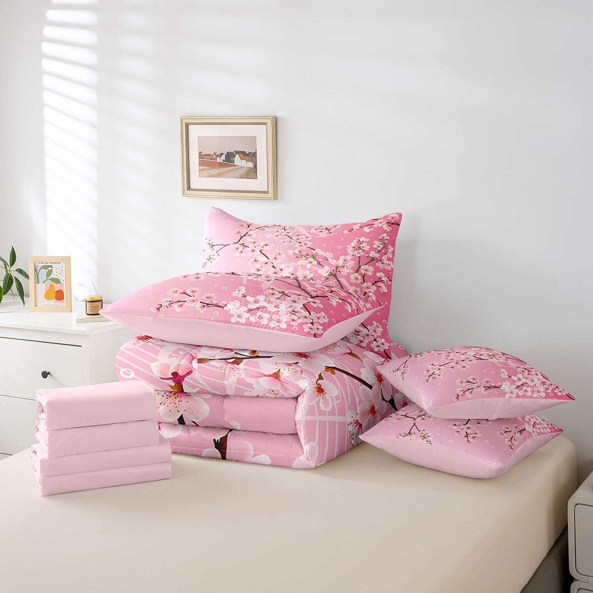 Erosebridal Japanese Sakura Bedding Set for Girls,Cherry Blossom Full Comforter Set 7 Piece Spring Cherry Pink Flower Tree Bed in A Bag Pink Dreamy Flowers Botanical Bed Set for Kids Teen Adults