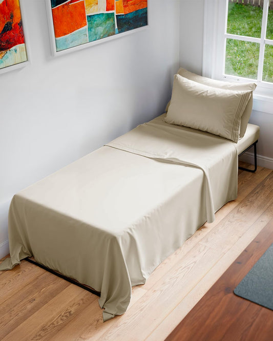Cot Sheet Set 33” x 75” – 4 Piece Cot Size Twin Mattress Sheets – Ideal for Camper Bunk, RVs, Bunks, Day Care, Camping & Guest Beds - Fits 6” to 10” Mattress - Comfy, Breathable and Cooling - Wheat
