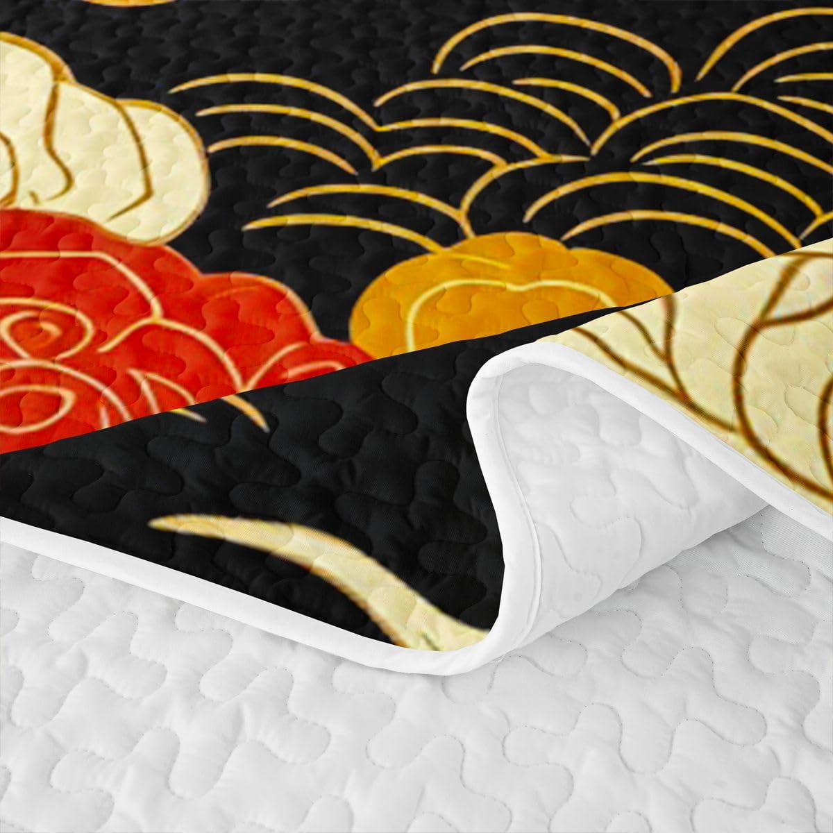 Erosebridal Gold Red Sun Quilts Twin Size - Black White Crane Bedspread Coverlet Set, Japanese Style Clouds Stripes Quilt Coverlets 2Pcs (Only 1 Pillowcase)