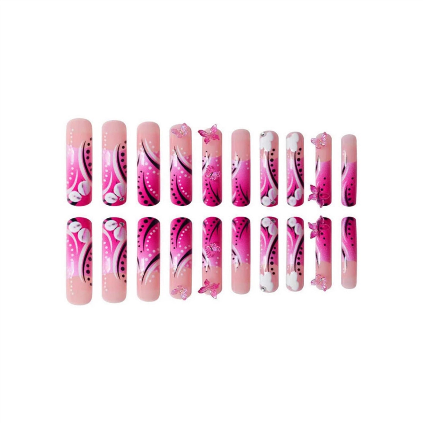 Curved Press on Nails Long Fake Nails Pink Artificial Nail Floral and Rhinestones Designs Stick on Nail for Women 24pcs