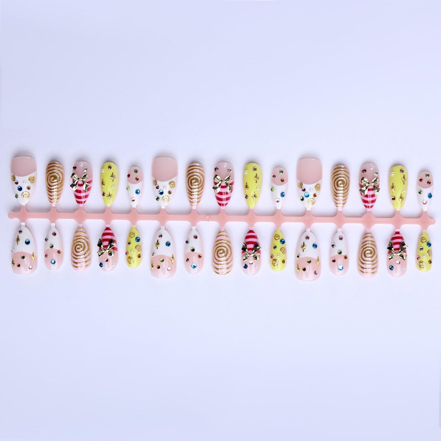 Octoswave Long Almond Press on Nails with 3D Bow, Spiral & Rhinestone Accents – Vibrant Acrylic Fake Nails for Women, Perfect for Parties, Weddings, Holidays & Daily Glam (30Pcs)