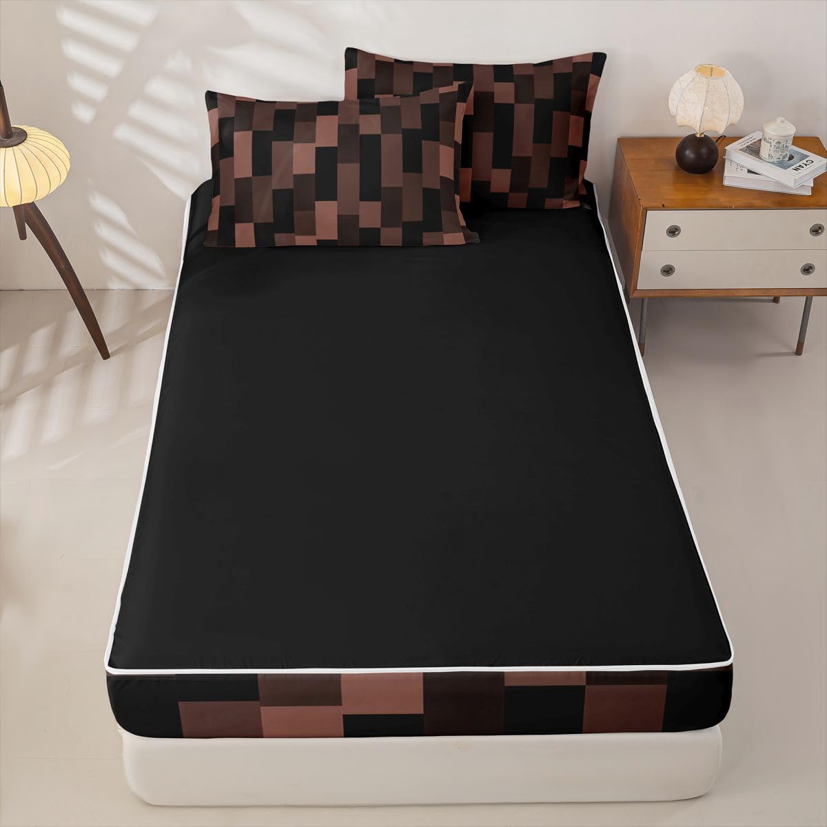 jejeloiu Black Brown Zipper Bedding Full Abstract Geometric Bedding Sets for Kids Boys Girls Modern Art Comforter Set with Fitted Sheet 2 Pillowcases One Zipper Bed Set for All Seasons