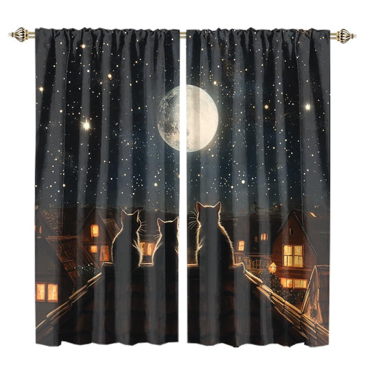 FBMLBRB Cute Cartoon Animals Cat Curtains,Modern Farm Animal Black Cats Full Moon Window Treatment Blackout Curtains Rods Pocket Curtains-45 L x 21" W x 2 Panels (Blackout)