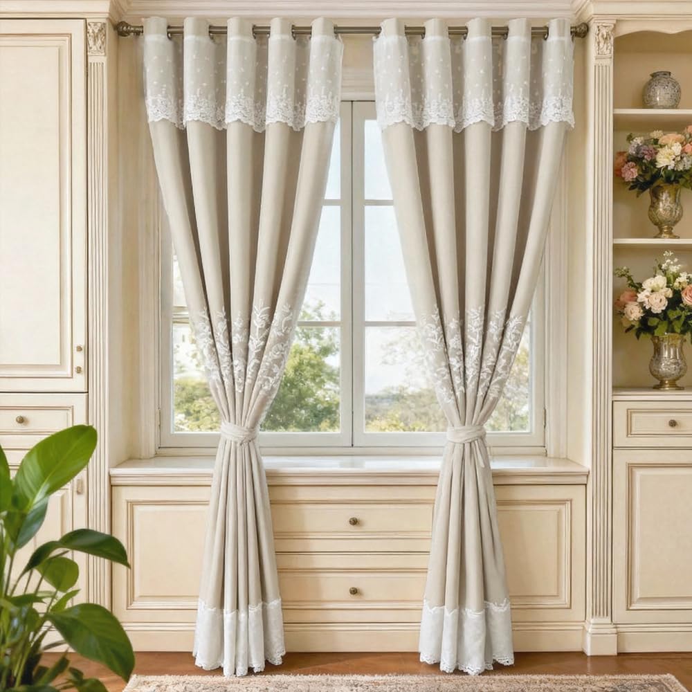 Amidoudou 1 Pair European Double Layer Curtains for Living Room Bedroom Luxury Flower Embroidered Curtains with Valance (Beige,66x96 Inch)
