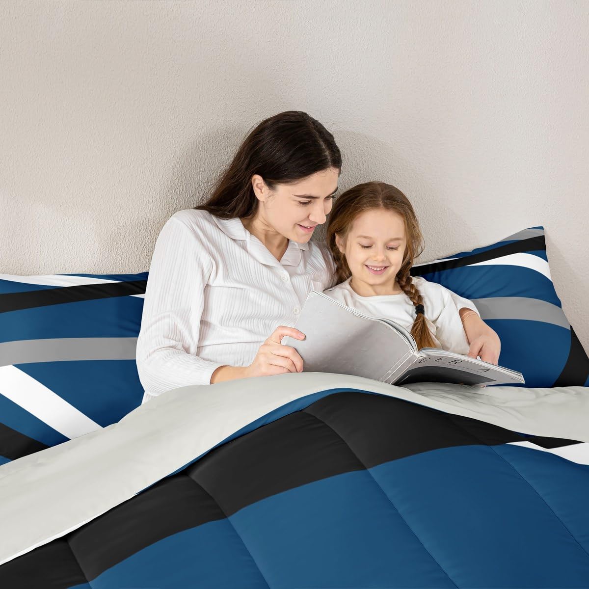 Erosebridal Blue Gray Black Striped Queen Comforter Set for Adult Women Men Modern Abstract Bedding Set Geometric Lines Bed Set Aesthetic Boho Quilt Set