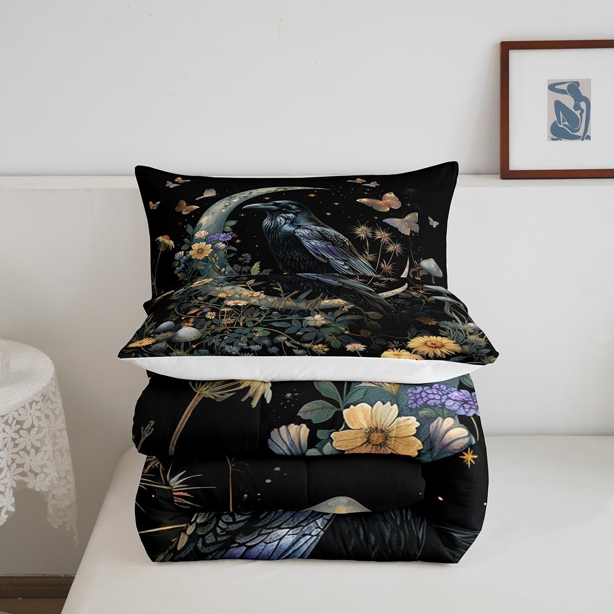 Black Crow Comforter Set Queen Size,Moon Daisy Flower and Butterfly Bedding Set,Kids Girls Boys Teens Room Decor,Halloween Theme Animals Plants Quilt Set Boho Trippy Duvet Insert,2 Pillowcases…