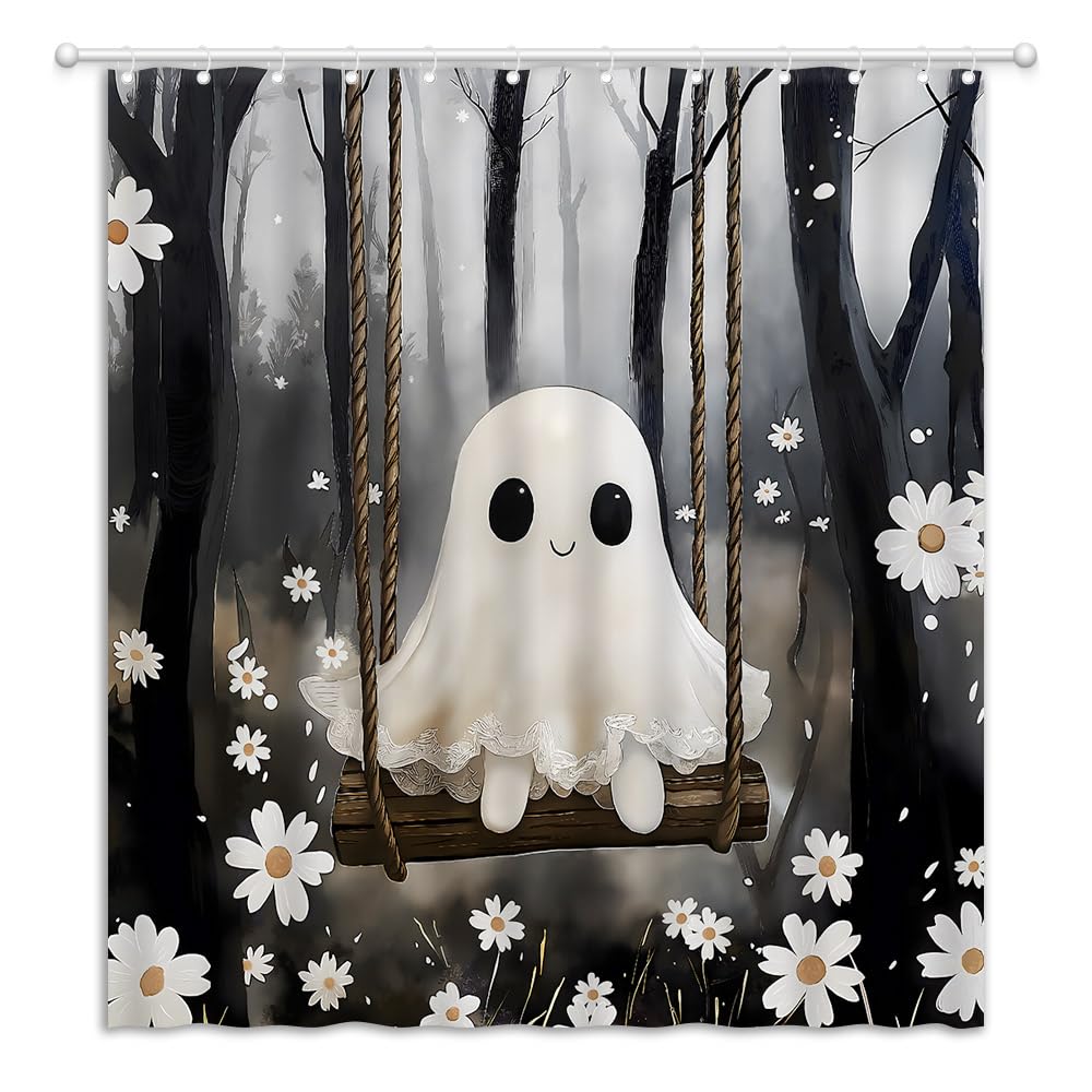 YOZSLGU Cute Ghost Shower Curtain Black Grey Misty Forest Gothic Spooky Fabric Bathroom Decor Curtains with Hooks, 70" Wx70 H