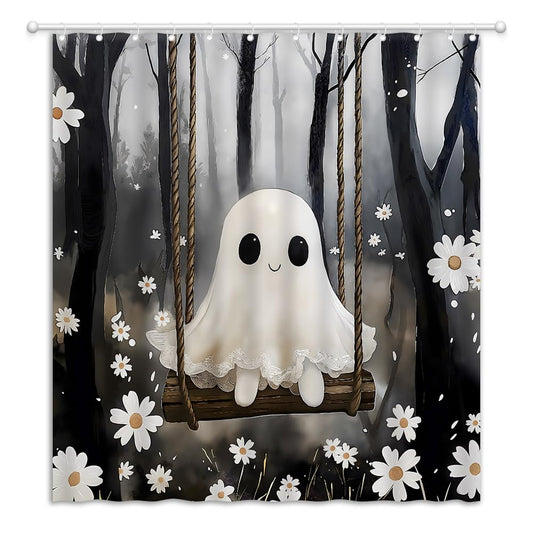 YOZSLGU Cute Ghost Shower Curtain Black Grey Misty Forest Gothic Spooky Fabric Bathroom Decor Curtains with Hooks, 70" Wx70 H