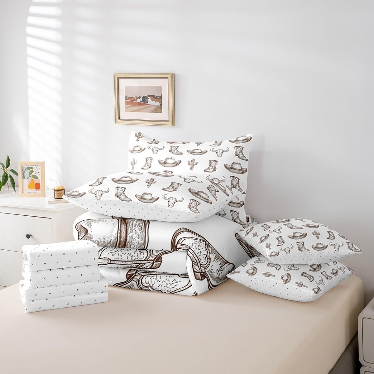 jejeloiu West Cowboy Comforter Set with Sheets Twin Size Kids Cow Skull Brown 7 Pieces Bedding Set for Boys Girls Teens Cactus Hat Boots Bed in a Bag Breathable Rodeo Cowboy Bed Set Room Decor