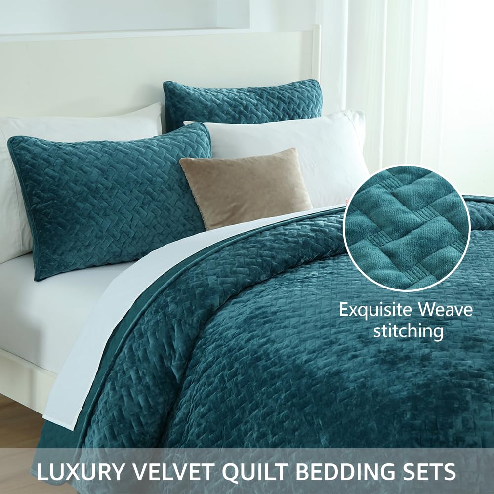 Liians Velvet Bedspread Quilt Bedding Sets,Luxury Elegant Ultra Soft Velvet Comforters Coverlet Blankets,Weave Stitching Pattern Cotton Quilted Bedspread for All Seasons,Teal,King Size