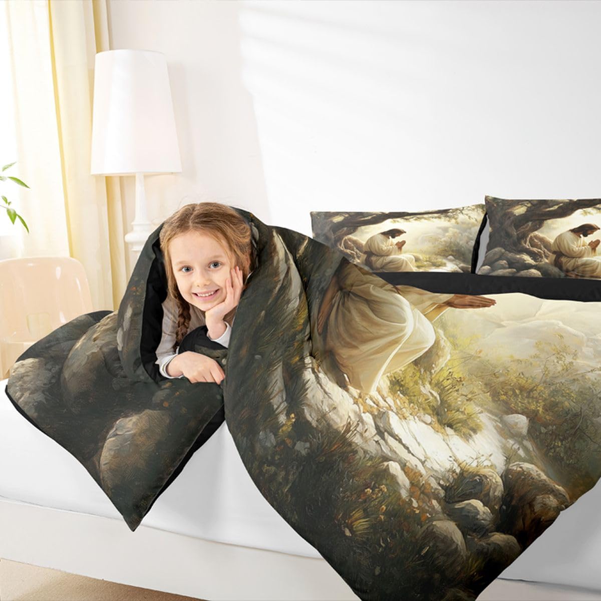 God Praying Kids Comforter Set Twin Size,Spiritual Western Bible Verse Bedding Set Boys Girls Room Decor,The Garden Of Gethsemane Quilt Comforter,Gray Yellow Duvet Set Bedroom Quilt Set,1 Pillowcase