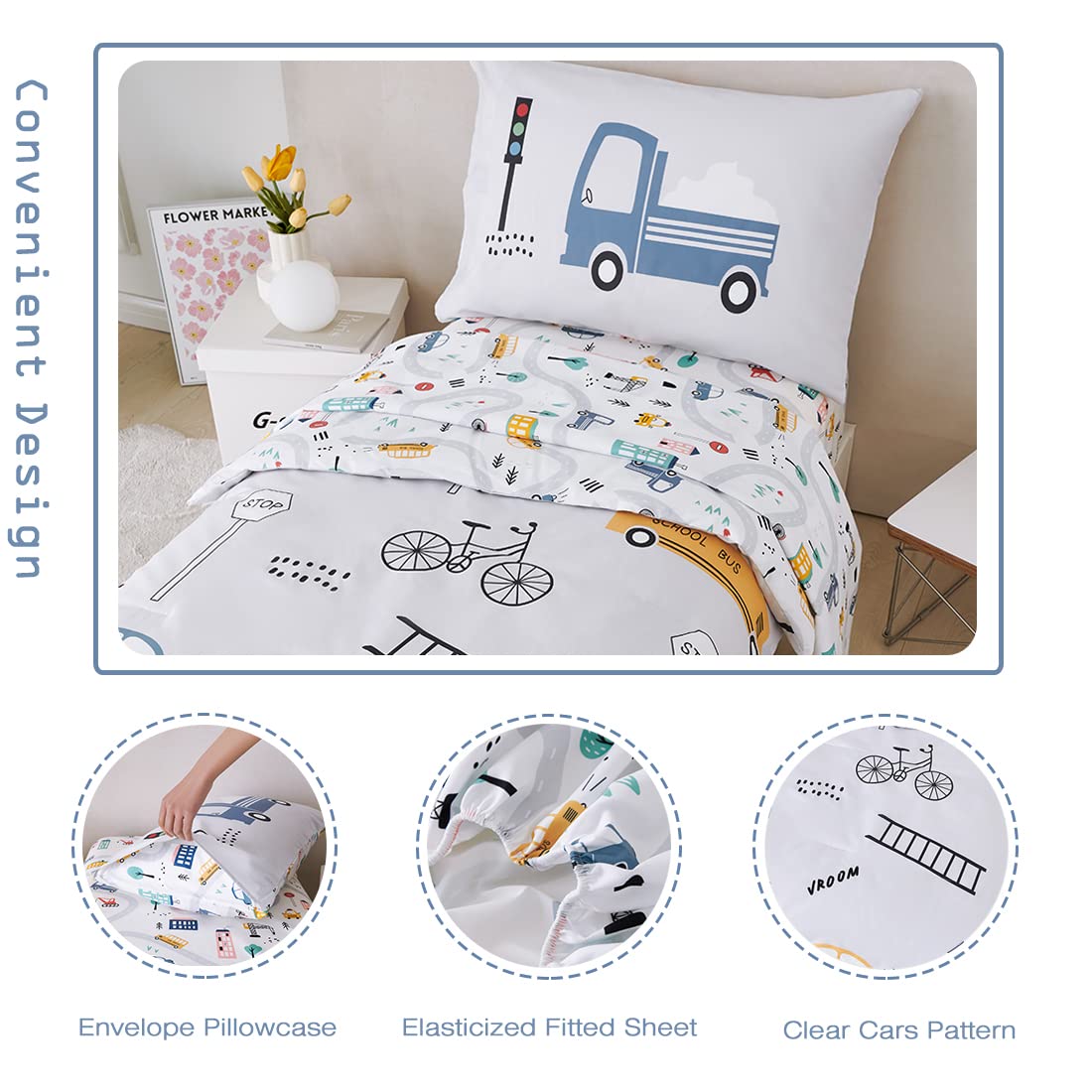 PERFEMET 4 Pcs Toddler Bedding Set - Soft Reversible Cars, Bus, Trucks Print Toddler Bed Set for Boys & Girls - Matching Sheet Set (Light Grey, Taxis/Bus/Trucks)
