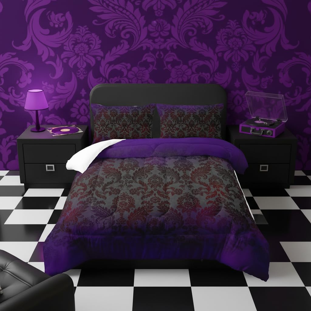 lneffble Black Purple Paisley Floral Victorian Gothic Comforter Set Full，Gothic Bedding Set Full Purple，with 1 Comforter with 2 Pillow Case，Halloween Room Decor for Bedroom