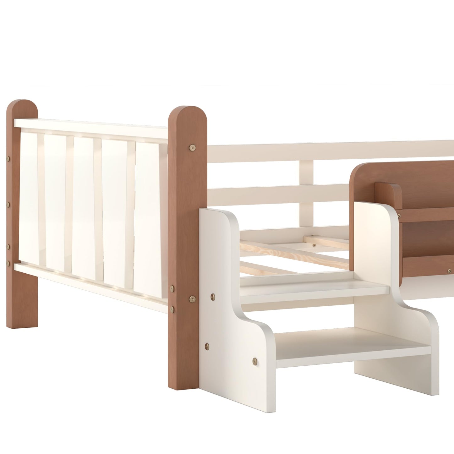LUMISOL Twin Size Montessori Bed with Storage, Kids Low Bed Frame with Storage and Stairs, Wood Twin Size Platform Bed with Guardrail and Shelves, Beige