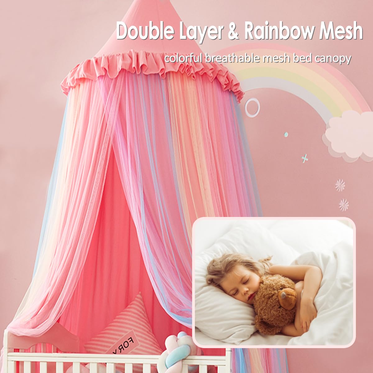 Kertnic Rainbow Bed Canopy for Girls Dreamy Mosquito Net for Bed Round Dome Princess Bed Canopy Girl Room Play Tent Canopy Bed Netting Curtains, 31.5inch Large Dome (Nordic Pink Rainbow)