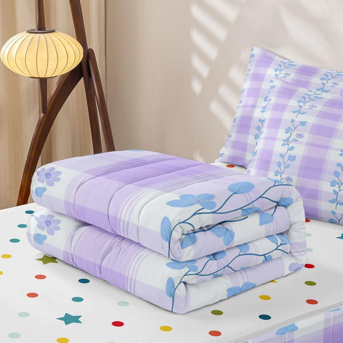 Feelyou Purple Flower Zipper Bedding Sets for Kids Boys Girls Botanical Floral Printed Queen Comforter Set with Fitted Sheet Natural Theme Bedroom Decor Microfiber with 2 Pillow Cases