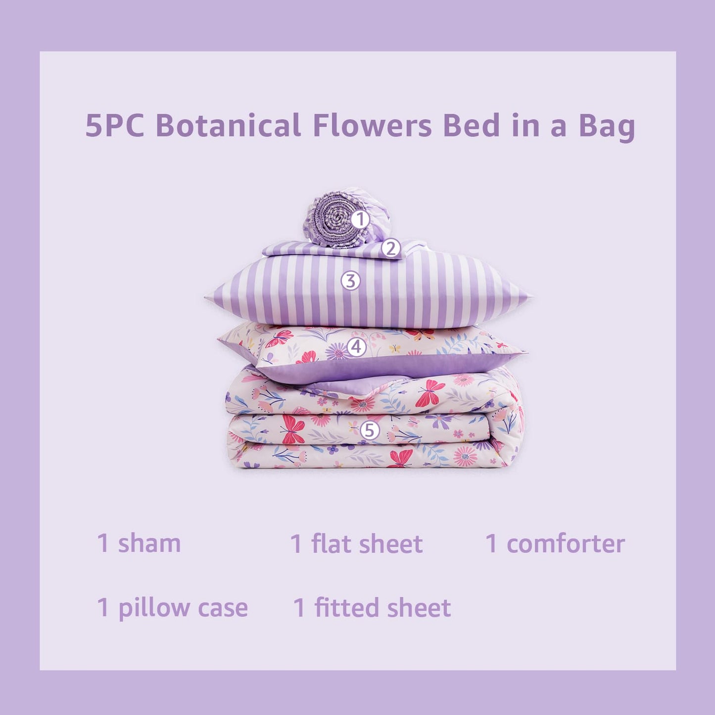 AMBERSPACE Twin XL Comforter Set for Girls, Butterfly Botanical Flowers Bedding Set, All Season Kids Bed in a Bag Dorm 5 Pieces with Sheets, Pillowcase & Sham