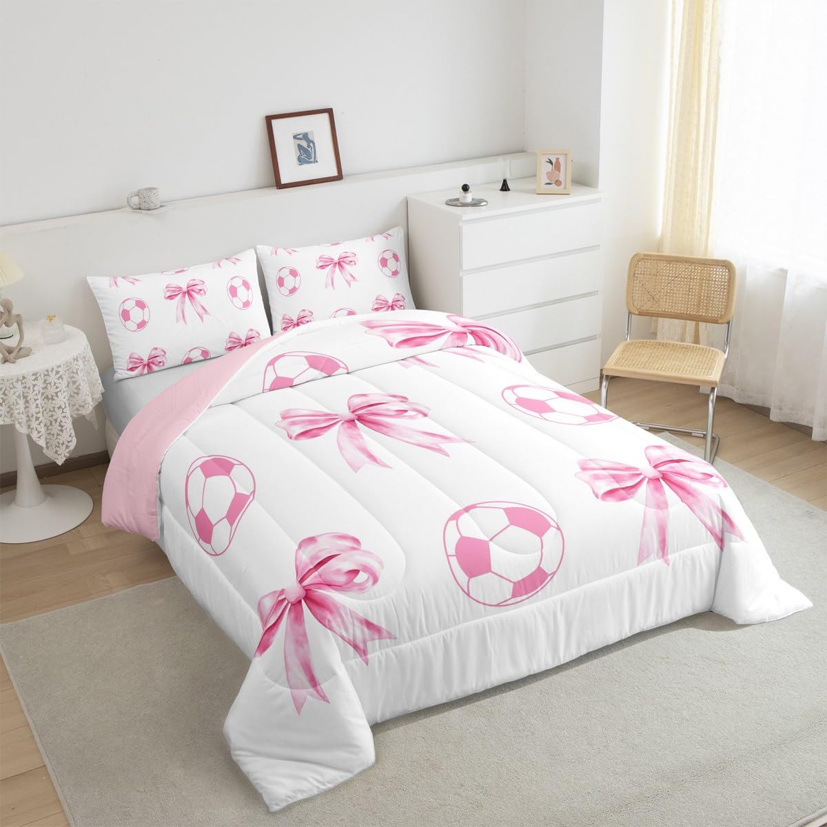 Football Sport Full Size Comforter Sets for Kids,Pink Bow Ball Pattern Bedding Sets Youth Women Teens Child Bedroom Decor,Cartoon Bowknot Soccer 3 PCS Quilt Set,Pink White Girly Duvet Insert