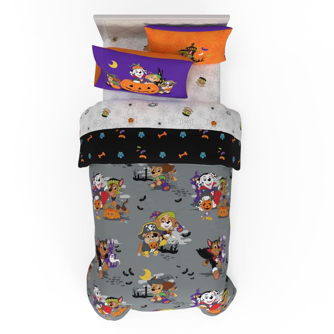Paw Patrol Kids Halloween Bedding 5 Piece Super Soft Cozy Reversible Comforter and Sheet Set with Sham, Twin, (Officially Licensed Product) By Franco