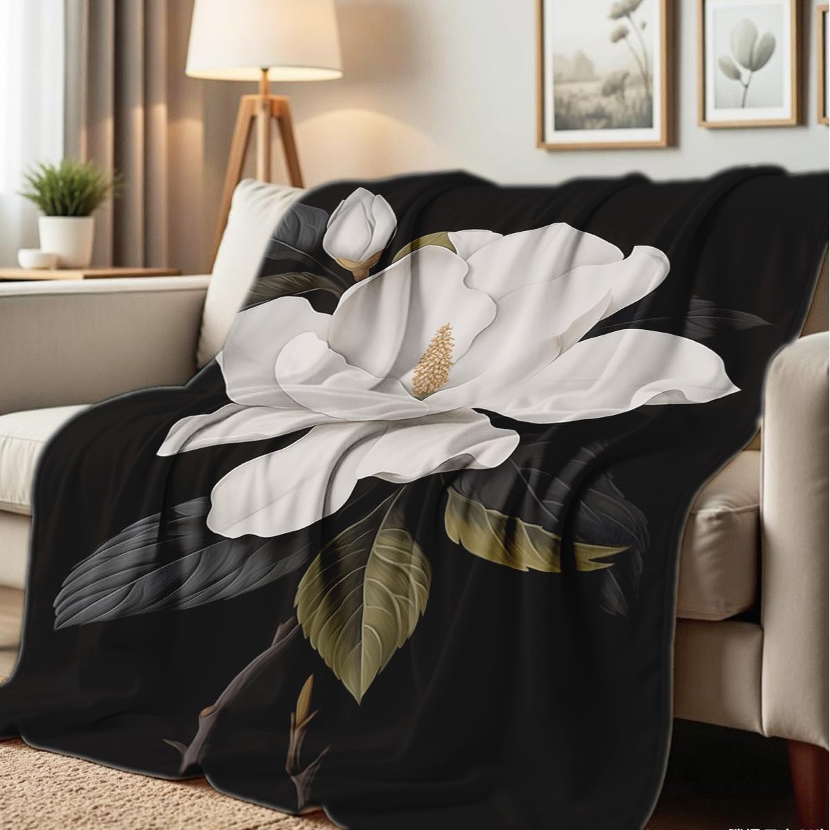 HUNXIAOJ Magnolia Print Blanket Black and White Throw Soft Magnolia Flannel Blanket Flower Bedding Decor Gifts Botanical Floral Throw for Bed Couch (59"x78")