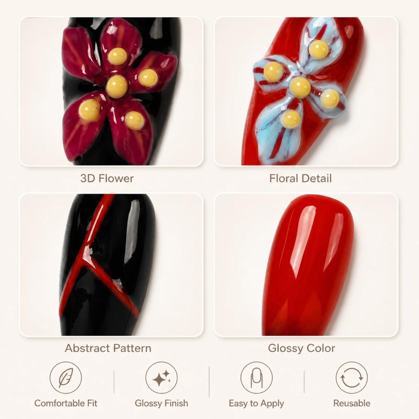 Tesytto Medium Almond Press On Nails, Red Black Gradient False Nails with 3D Embossed Colorful Flower, Reusable Glossy Y2K Fake Nails for Women & Girls (Crimson Flame,M)