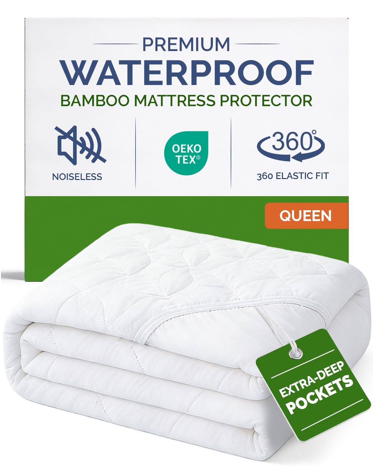 Waterproof Cooling Mattress Protector - Mattress Cover Queen Size - Viscose Made From Bamboo - Soft, Breathable, Noiseless & Washable - Fitted Sheet Style & All Round Protection - (60" x 80") White