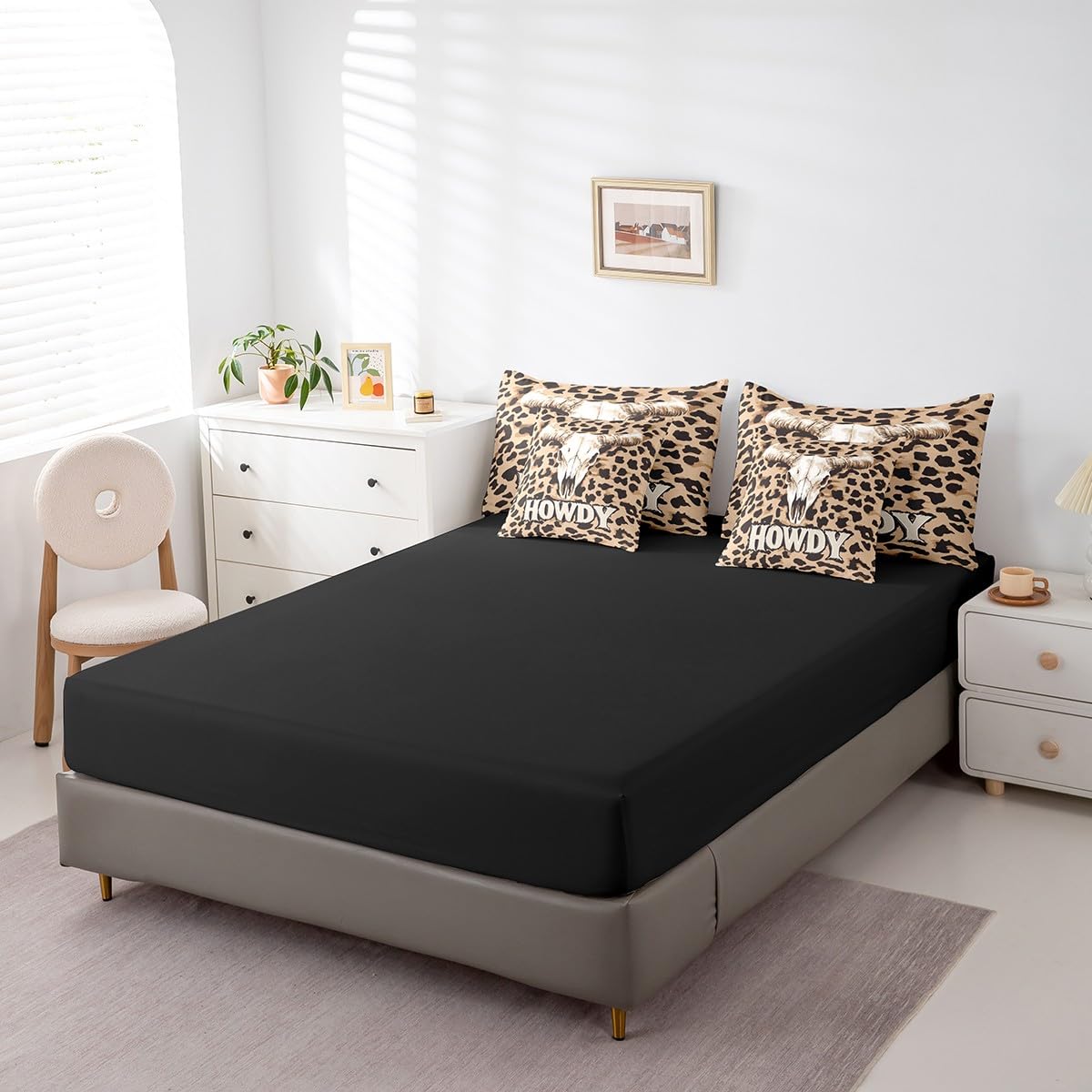 jejeloiu Cow Skull Comforter Set with Sheets Twin Size Kids Longhorn Skull 7 Pieces Bedding Set for Boys Girls Teens Leopard Print Bed in a Bag Breathable Western Bed Set Brown Black
