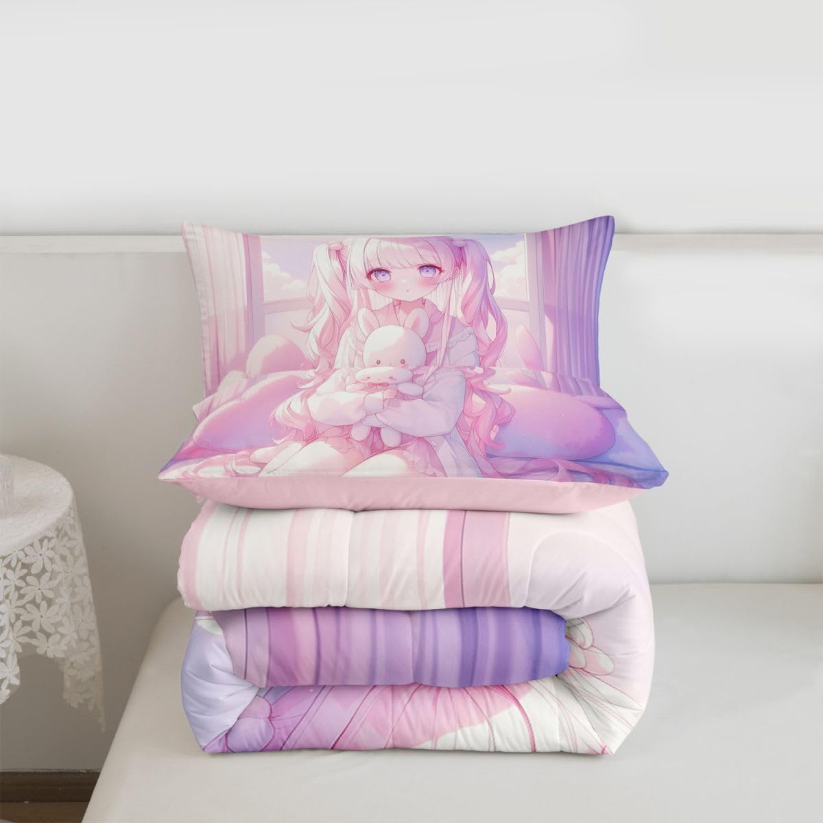 Erosebridal Romance Girly Comforter Set for Kids Boys Girls Anime Girl Bedding Japanese Girl Duvet Set Cute Cartoon Bear Comforter Twin with 1 Pillowcase