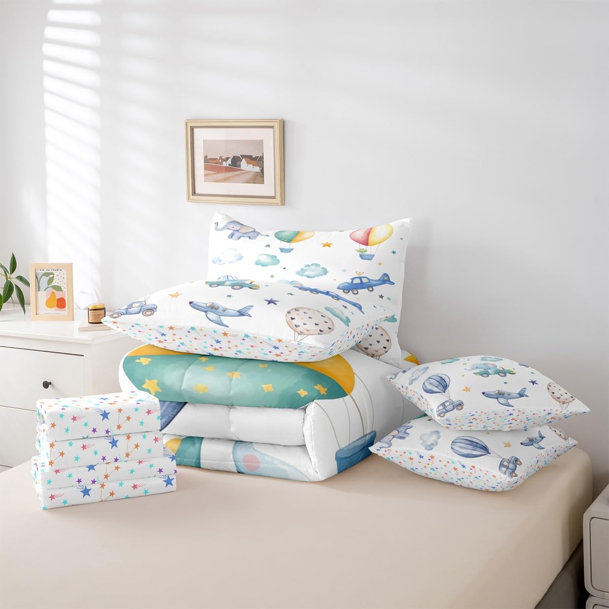 Erosebridal Colorful Hot Air Balloon Twin 7 Pcs Bedding Set, Cute Airplane Aircraft Comforter Set with Sheets for Boys Kids Adults Girls, Cartoon Car Lovely Heart Bed in A Bag, Star Print Bed Sets