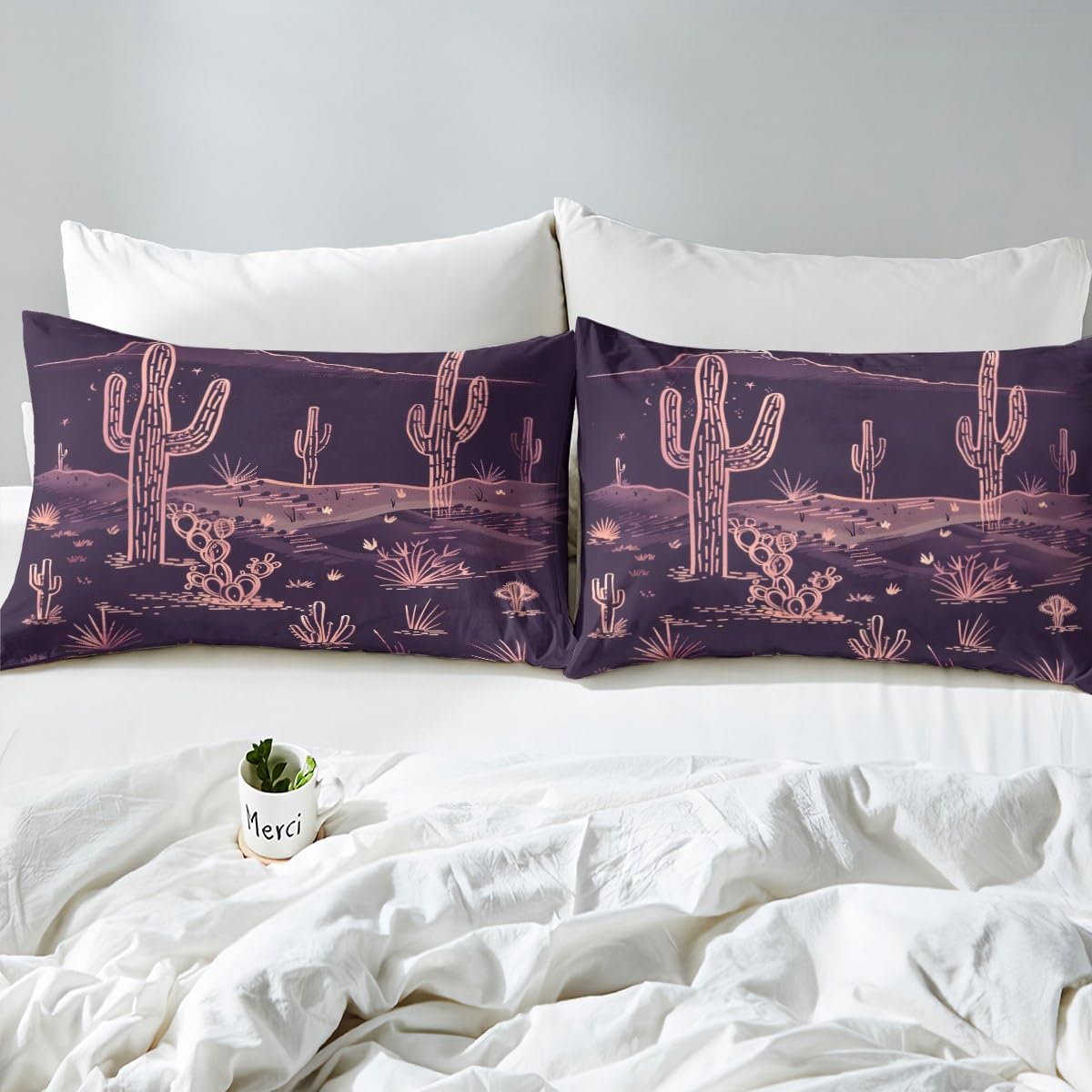 jejeloiu Western Bed Sheets Set Queen Size Desert Cactus Deep Pocket Fitted Sheet Purple Bedding Sets Vintage Southwest Soft Bed Set 4Pcs with 2 Pillow Cases