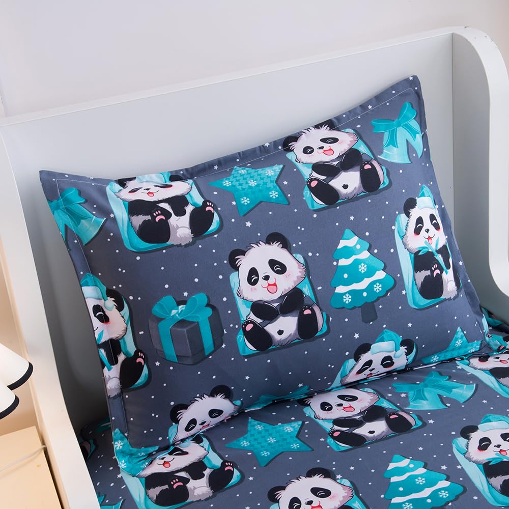 KWLOVER 2PC Soft Bed Fitted Sheet and Pillowcases Set,Cute Panda Pattern Printed Bed Sheets for Kids Boys Girls Twin Size Bed (Grey Panda, Twin)