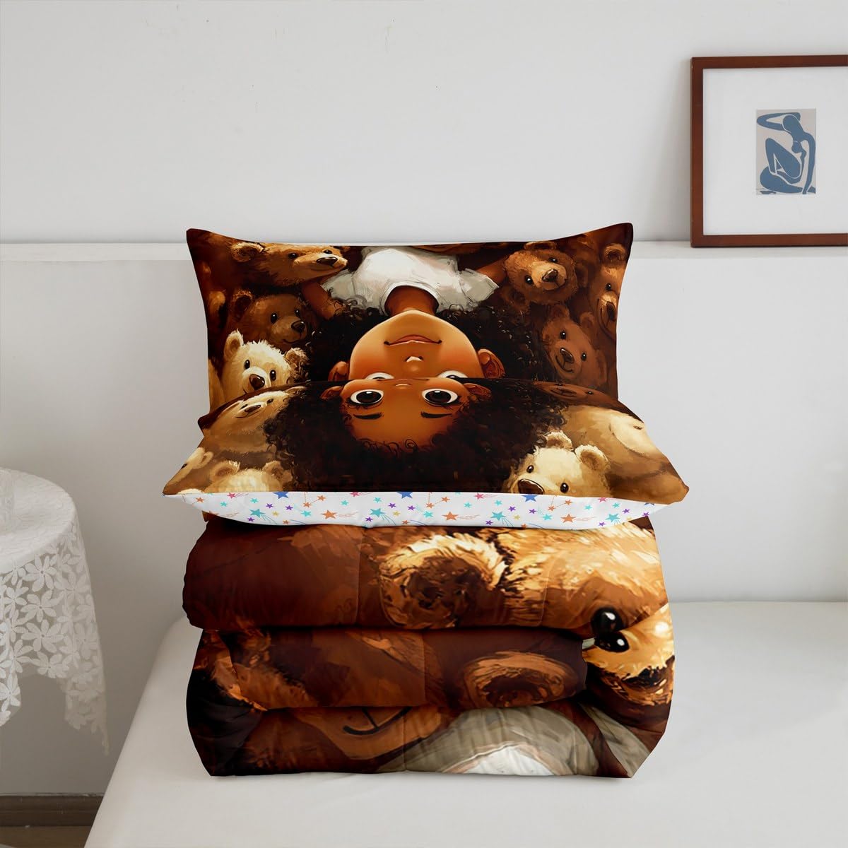 jejeloiu Kids Cute Black Girl Comforter Set Queen Size African American Girl Bedding Set for Boys Girls Bear Duvet Set Quilt Set,1 Comforter+ 2 Pillow Shams（No Glitter）