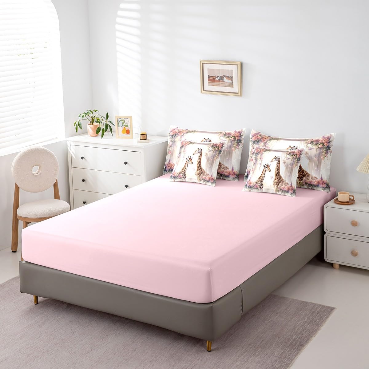 Giraffe 7Pcs Comforter Set Full Size,Pink Rose Flower Bedding Set for Kids Girls Boys Teens Room Decor,Wild Animal Bed in a Bag Romantic Couple Fitted Sheet Flat Sheet,2 Throw Pillow 2 Pillowcases