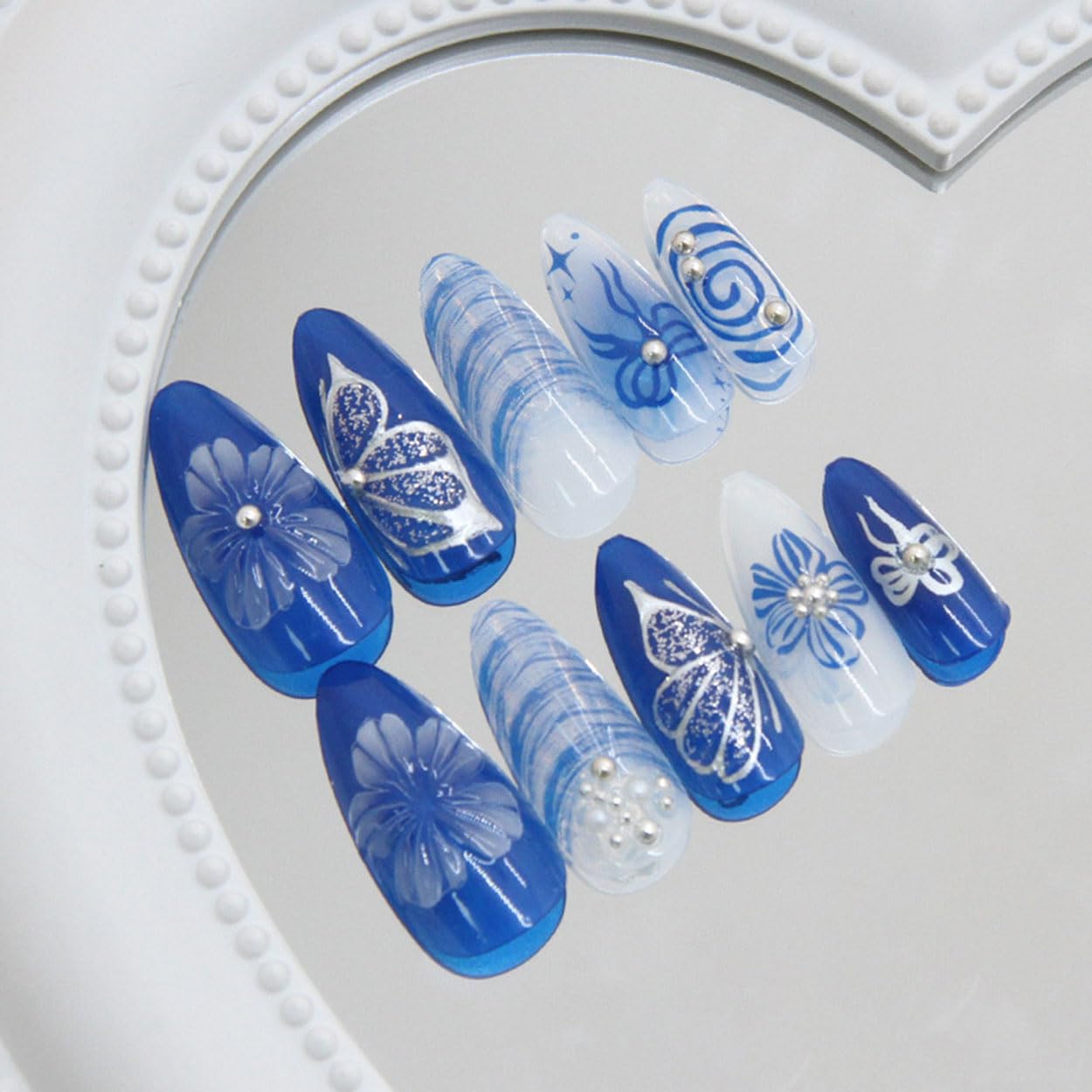 Press on Nails Almond Medium Blue Fake Nails French Tip False Nails Press ons with Butterfly Design Glue on Nails Artificial Acrylic Nail Art Glossy Full Cover Stick on Nail Supplies for Women 24Pcs