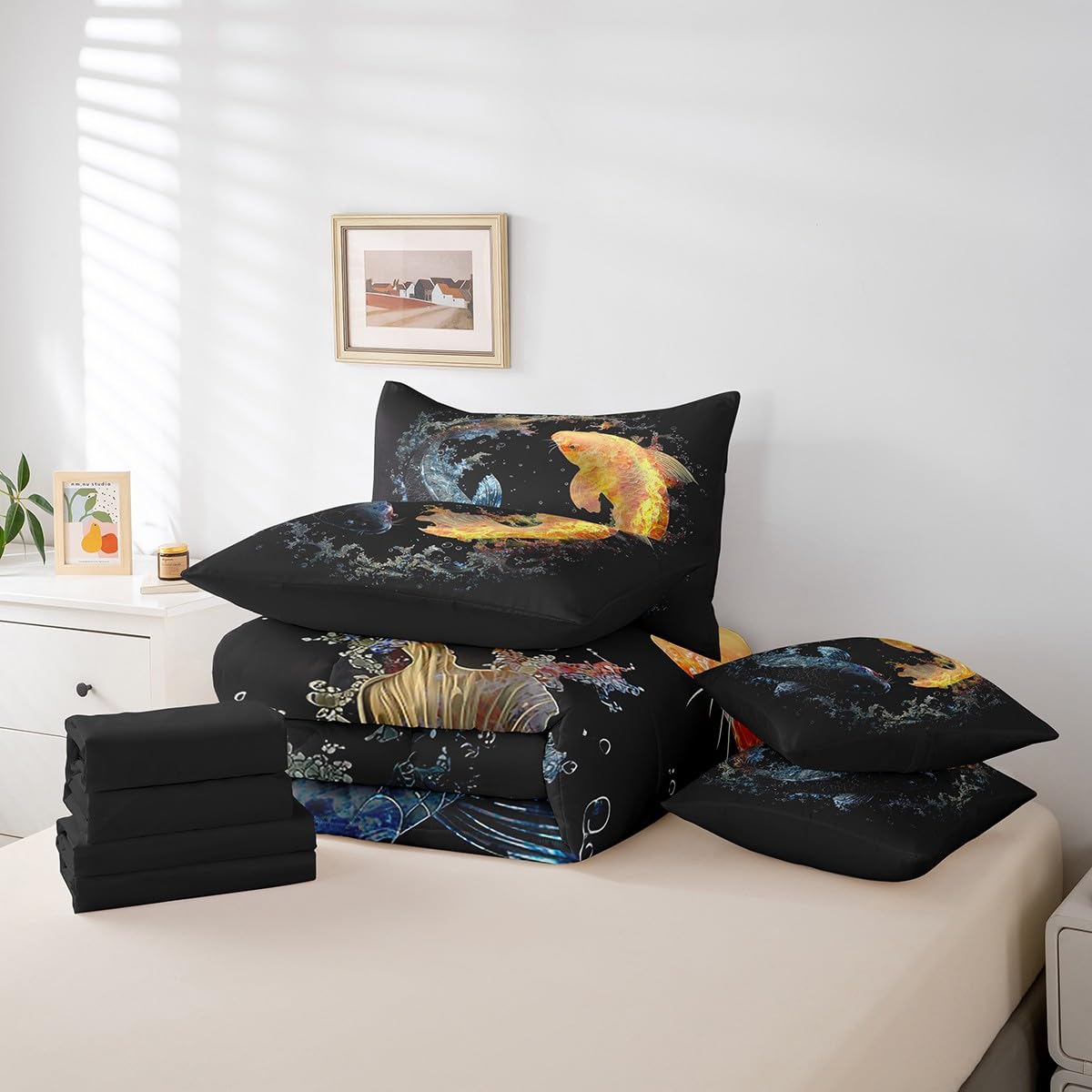 Erosebridal Teal 3D Fish 7 Pcs Comforter Set Queen Size,Fish Scales Wildlife Bed in a Bag with Flat Sheet and Fitted Sheet for Kids Teens Adult,Hunting Bedding Set with Pillowcase and Sham Reversible