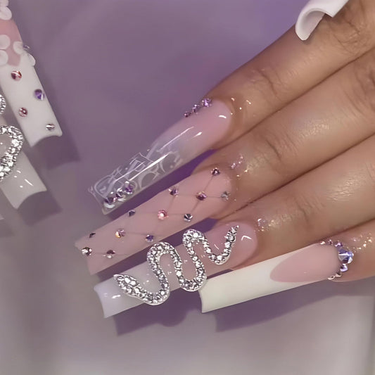 MISUD Press on Nails - Long Square Glue on Nails with French Tip, Acrylic Goth Snake Rhinestone Design 24 pcs
