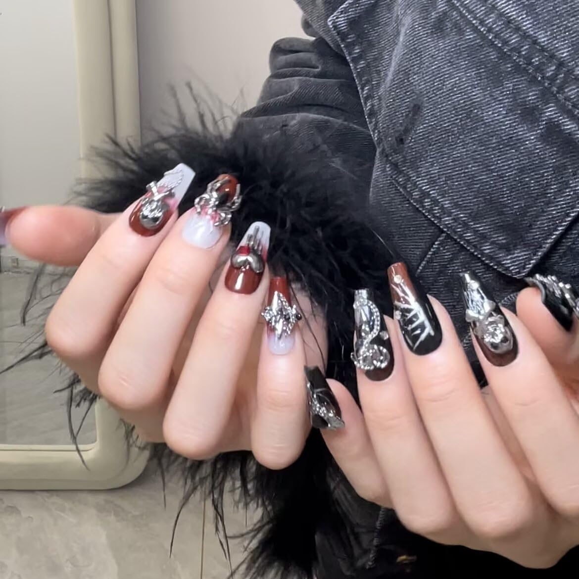 Handmade Skeleton Press On Nails long Coffin Reusable Stick On Fake Nails Luxury Elegant Sexy Style For Women Gift With Nail Glue Red Black M